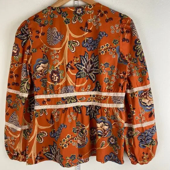 Spartina 449 Marcelle Blouse Floral Tree of Life Tomato Orange Size Medium Top - Picture 11 of 15